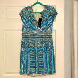 Parker heavily beaded embellished sequin  vneck turquoise blue mini dress NWT